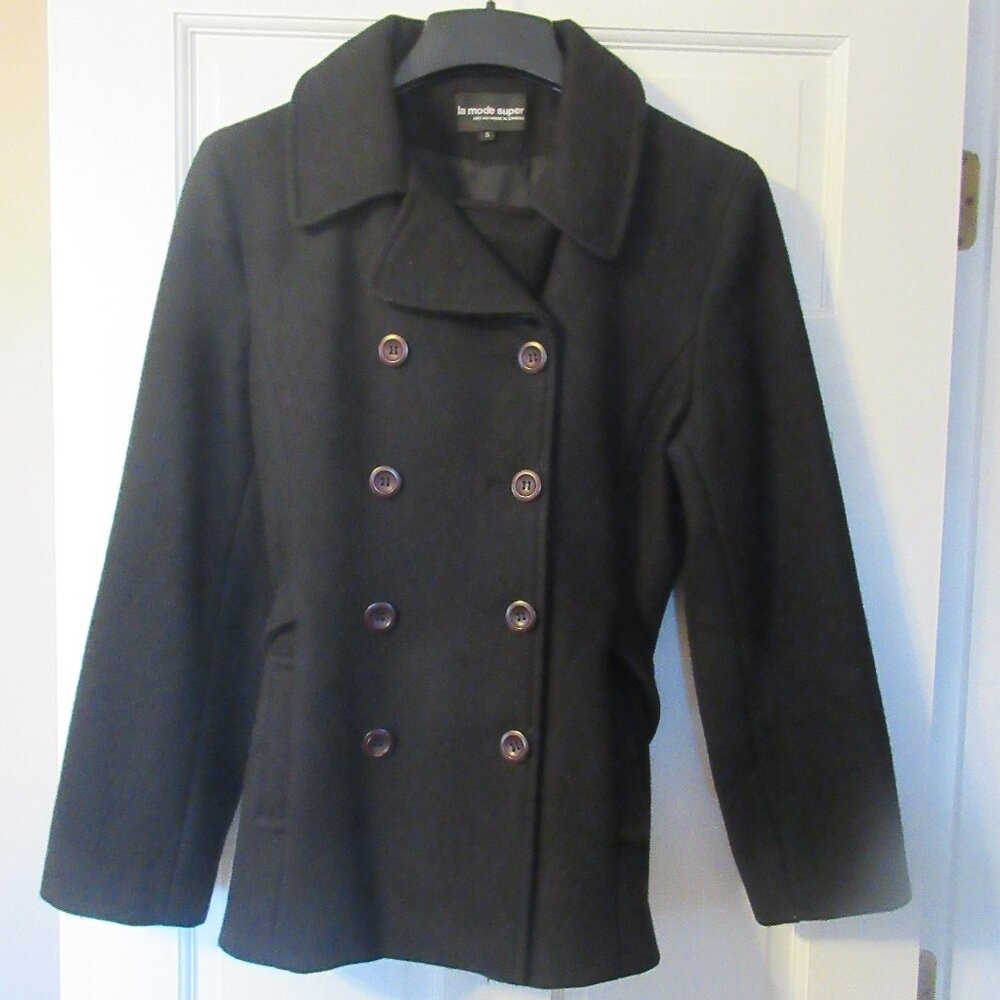 La Mode Super Wool Belted Pea Coat Size Small Black